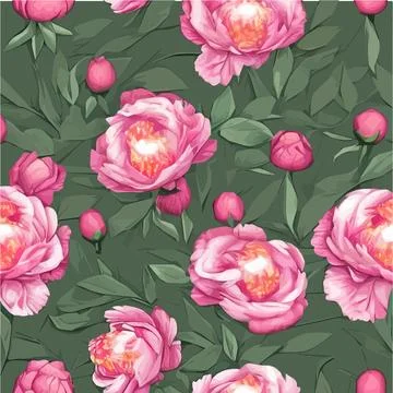 Vector seamless pattern pink peonies and leaves on green background. Romantic Stock Illustration