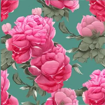 Vector seamless pattern with pink peonies and leaves on a green background. 스톡 일러스트