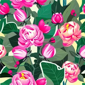 Vector seamless pattern with pink peonies and leaves on a green background. Stock Illustration