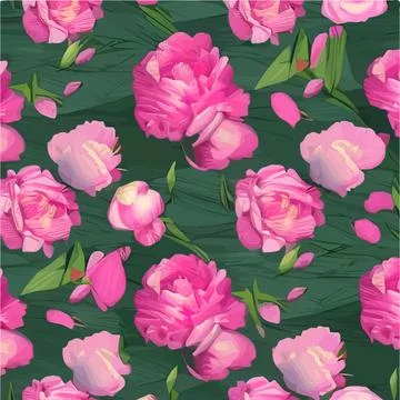 Vector seamless pattern with pink peonies and leaves on green background. Stock Illustration