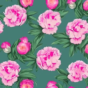 Vector seamless pattern with pink peonies and leaves on green background. Stock Illustration