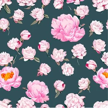 Vector seamless pattern pink peonies and leaves on green background. Romantic Stock Illustration