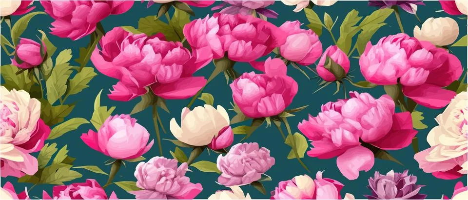 Vector seamless pattern with pink peonies and leaves on a green background. Illustrazione stock