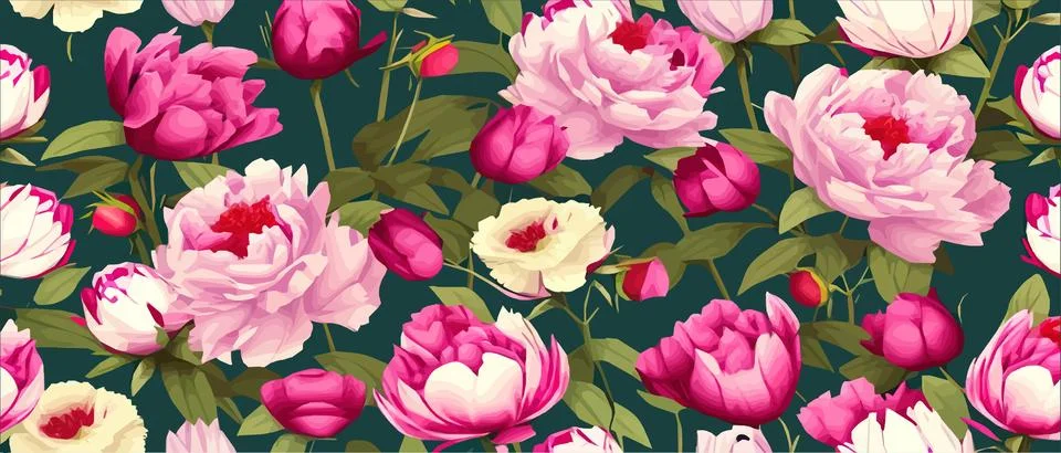 Vector seamless pattern with pink peonies and leaves on green background. Illustrazione stock