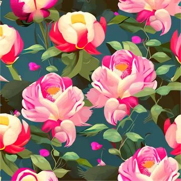 Vector seamless pattern with pink peonies and leaves on green background. Illustrazione stock