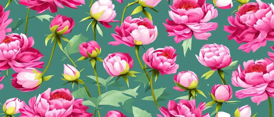 Vector seamless pattern with pink peonies and leaves on a green background. Stock Illustration