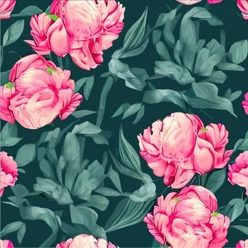 Vector seamless pattern with pink peonies and leaves on green background. Stock Illustration
