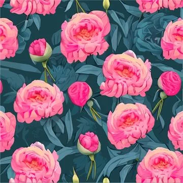 Vector seamless pattern with pink peonies and leaves on a green background. Stock Illustration