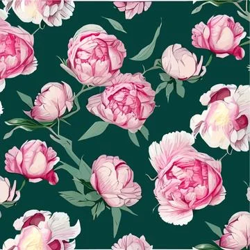 Vector seamless pattern with pink peonies and leaves on green background. Stock Illustration