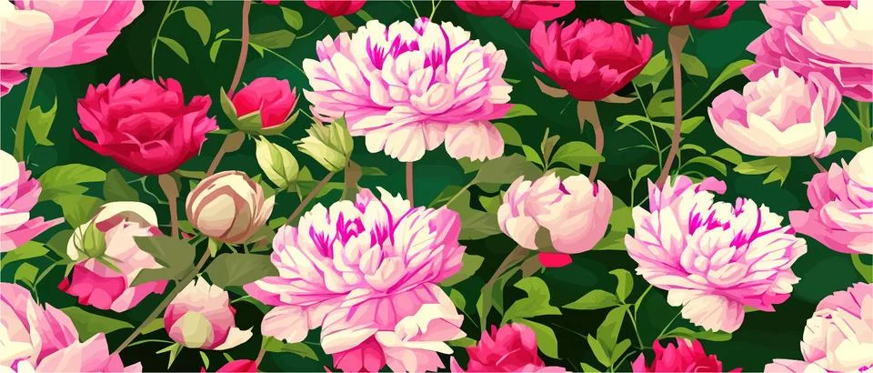 Vector seamless pattern with pink peonies and leaves on green background. Stock Illustration