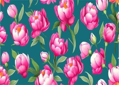Vector seamless pattern with pink peonies and leaves on green background. Illustrazione stock