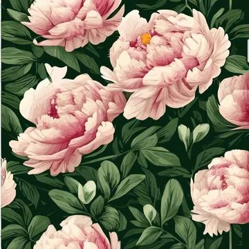 Vector seamless pattern with pink peonies and leaves on a green background. 스톡 일러스트