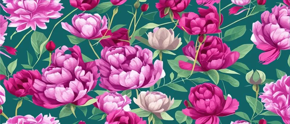 Vector seamless pattern with pink peonies and leaves on a green background. 스톡 일러스트