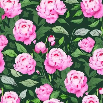 Vector seamless pattern with pink peonies and leaves on green background. Stock Illustration