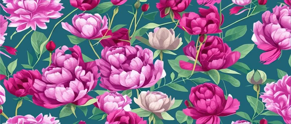 Vector seamless pattern with pink peonies and leaves on a green background. Stock Illustration