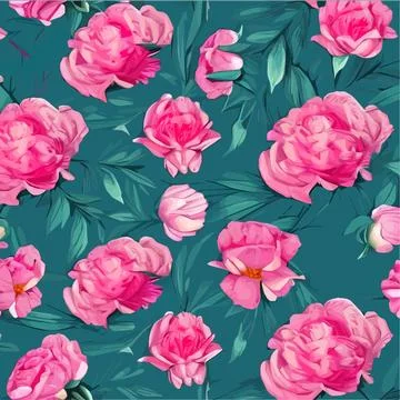 Vector seamless pattern with pink peonies and leaves on green background. Stock Illustration