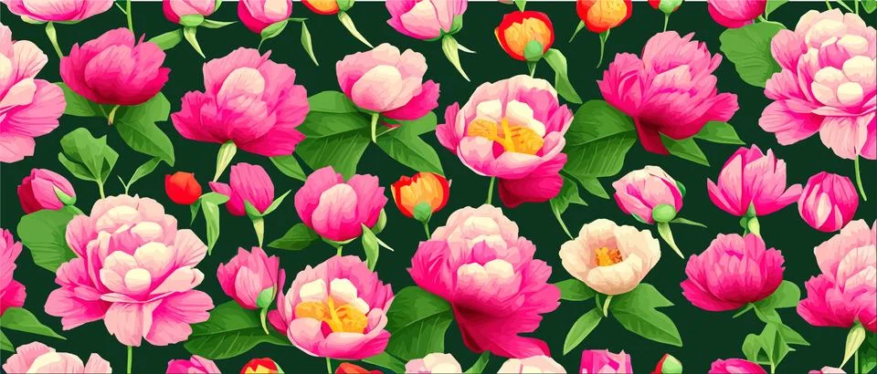 Vector seamless pattern with pink peonies and leaves on green background. 스톡 일러스트
