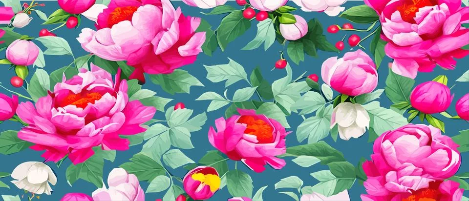 Vector seamless pattern with pink peonies and leaves on a green background. 스톡 일러스트