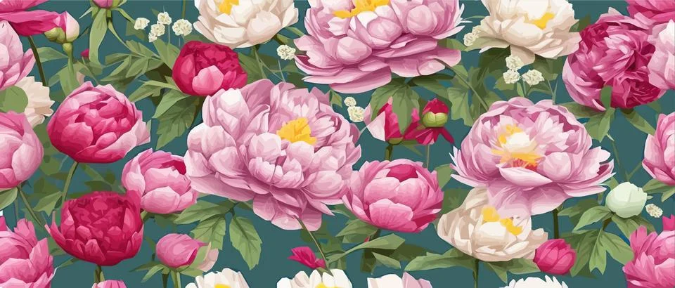 Vector seamless pattern with pink peonies and leaves on a green background. Illustrazione stock