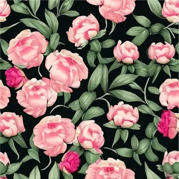 Vector seamless pattern with pink peonies and leaves on green background. Stock Illustration