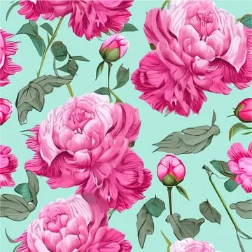 Vector seamless pattern pink peonies and leaves on green background. Romantic Illustrazione stock
