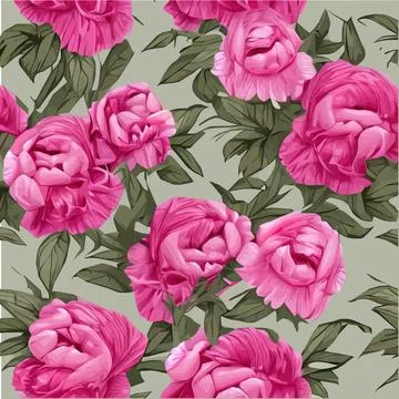 Vector seamless pattern with pink peonies and leaves on green background. Stock Illustration