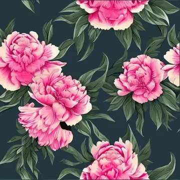 Vector seamless pattern pink peonies and leaves on green background. Romantic Stock Illustration