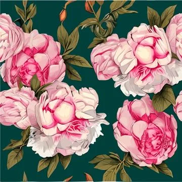 Vector seamless pattern pink peonies and leaves on green background. Romantic Stock Illustration