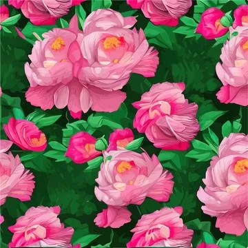 Vector seamless pattern with pink peonies and leaves on a green background. Stock Illustration