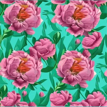 Vector seamless pattern with pink peonies and leaves on green background. Illustrazione stock