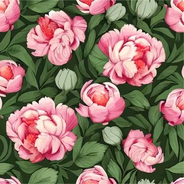 Vector seamless pattern with pink peonies and leaves on green background. Stock Illustration