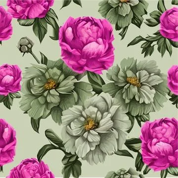 Vector seamless pattern with pink peonies and leaves on green background. Stock Illustration