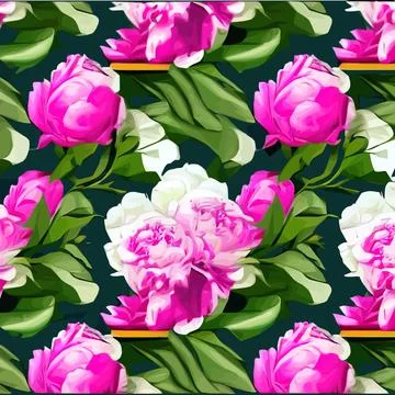Vector seamless pattern with pink peonies and leaves on green background. Illustrazione stock