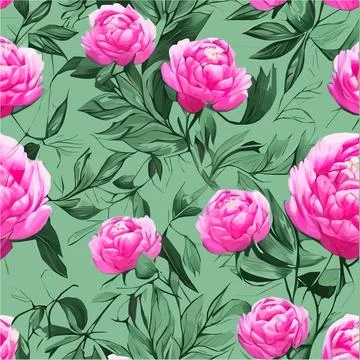 Vector seamless pattern pink peonies and leaves on green background. Romantic Illustrazione stock