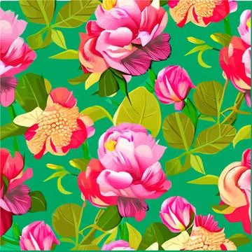 Vector seamless pattern with pink peonies and leaves on a green background. Stock Illustration