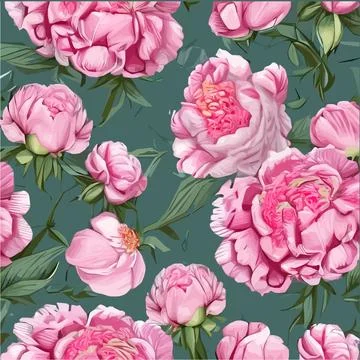 Vector seamless pattern pink peonies and leaves on green background. Romantic Illustrazione stock