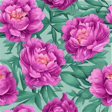 Vector seamless pattern with pink peonies and leaves on a green background. Stock Illustration