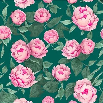 Vector seamless pattern pink peonies and leaves on green background. Romantic Stock Illustration