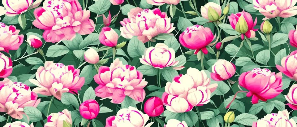 Vector seamless pattern with pink peonies and leaves on green background. Stock Illustration