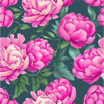 Vector seamless pattern pink peonies and leaves on green background. Romantic 스톡 일러스트