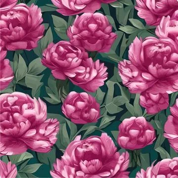 Vector seamless pattern with pink peonies and leaves on a green background. Stock Illustration