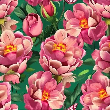 Vector seamless pattern with pink peonies and leaves on a green background. Stock Illustration
