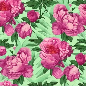 Vector seamless pattern pink peonies and leaves on green background. Romantic 스톡 일러스트