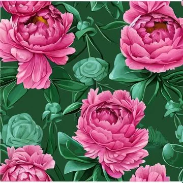 Vector seamless pattern pink peonies and leaves on green background. Romantic Stock Illustration