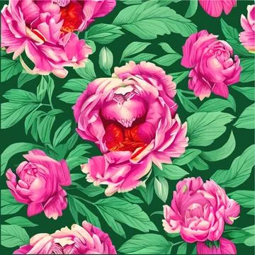 Vector seamless pattern with pink peonies and leaves on green background. Stock Illustration