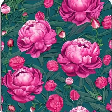 Vector seamless pattern with pink peonies and leaves on a green background. Stock Illustration