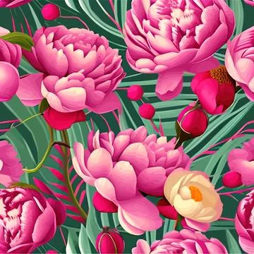 Vector seamless pattern with pink peonies and leaves on a green background. 스톡 일러스트