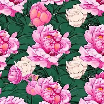 Vector seamless pattern with pink peonies and leaves on a green background. Stock Illustration