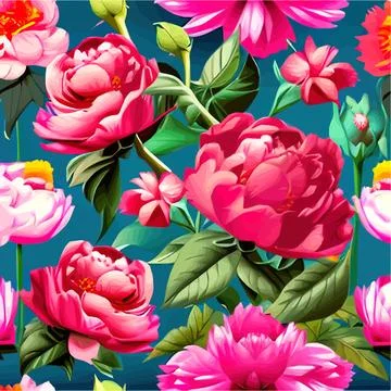 Vector seamless pattern with pink peonies and leaves on green background. Illustrazione stock