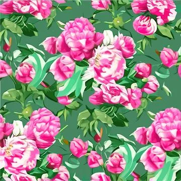 Vector seamless pattern with pink peonies and leaves on a green background. Stock Illustration